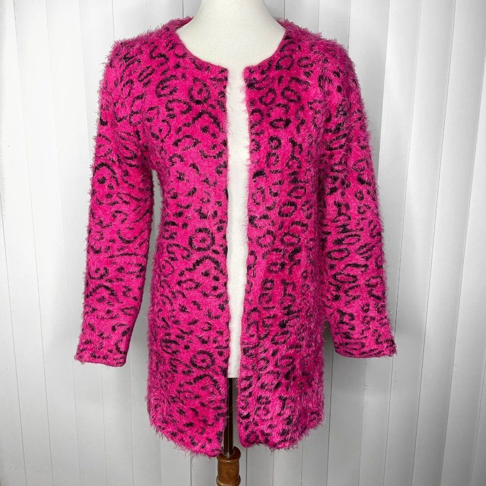 Hot Pink Leopard Print Fuzzy Open Front Cardigan